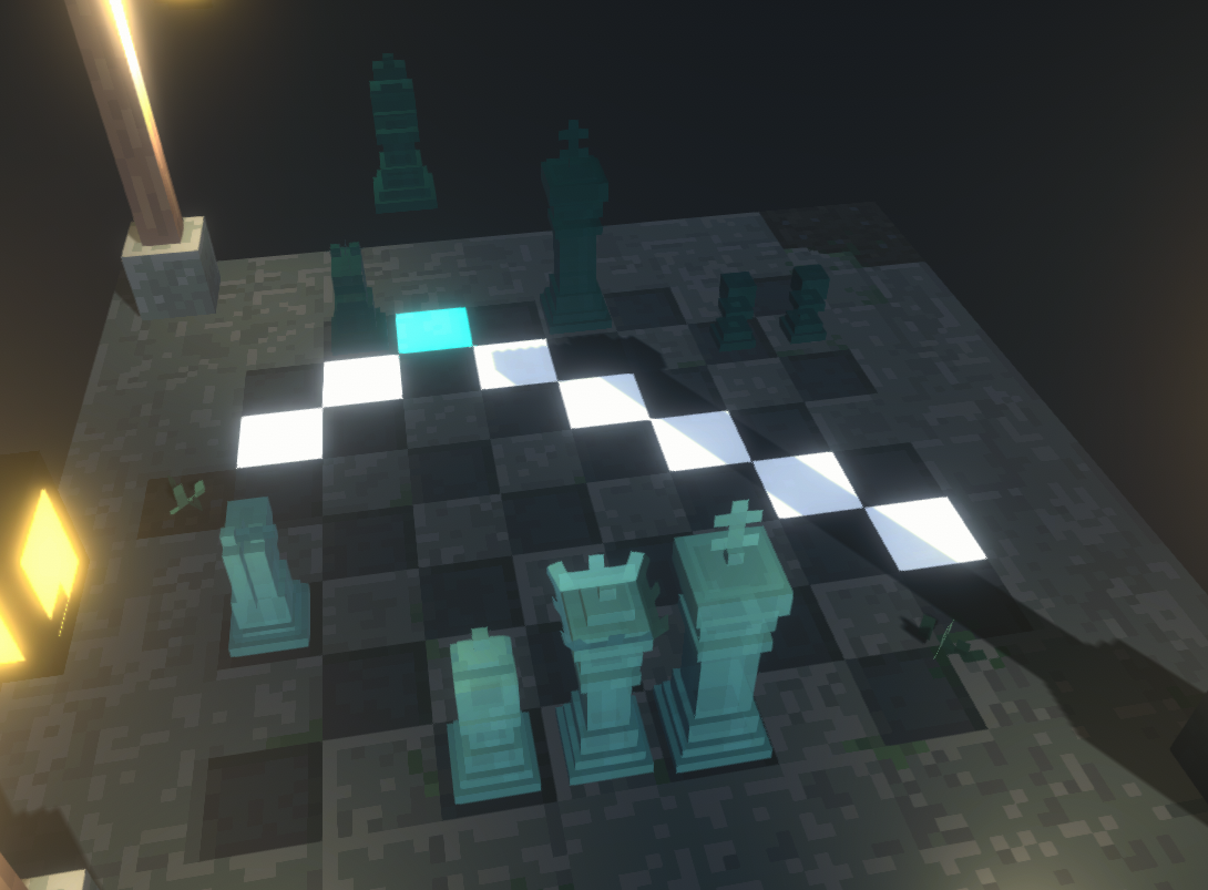 A 3D pixel chess game with moody lighting.