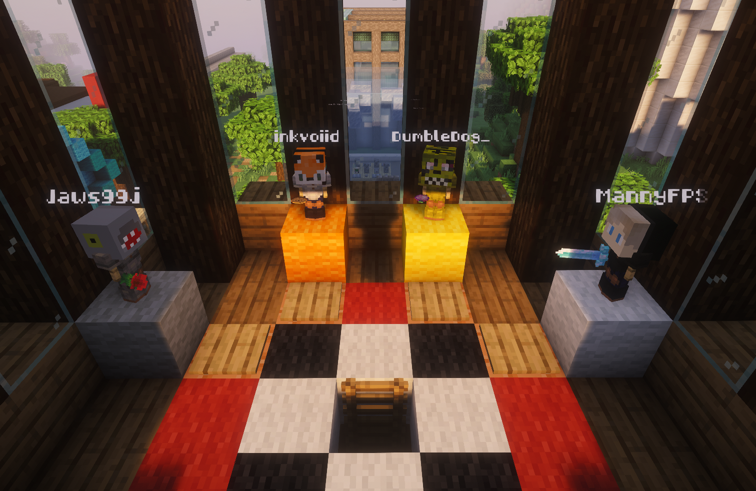 Four armour stands dressed up as each player: Jaws99j, inkvoiid, DumbleDog_, and MannyFPS