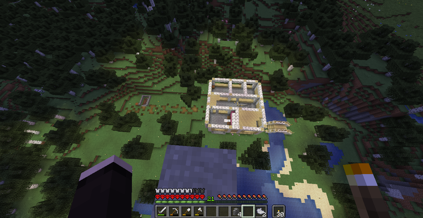 A bird's eye shot of a birch house with no roof.