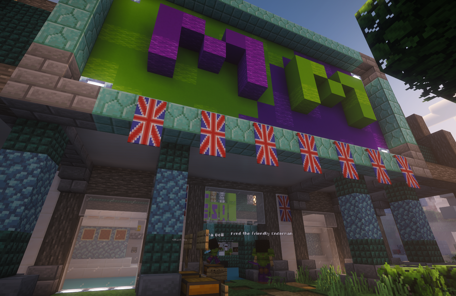 A grand store with a sign displaying: M M.