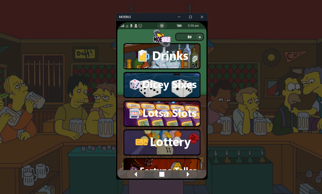 A mobile app designed to look like Moe's tavern.