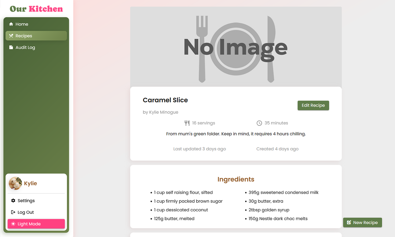 A recipe app with a sidebar.