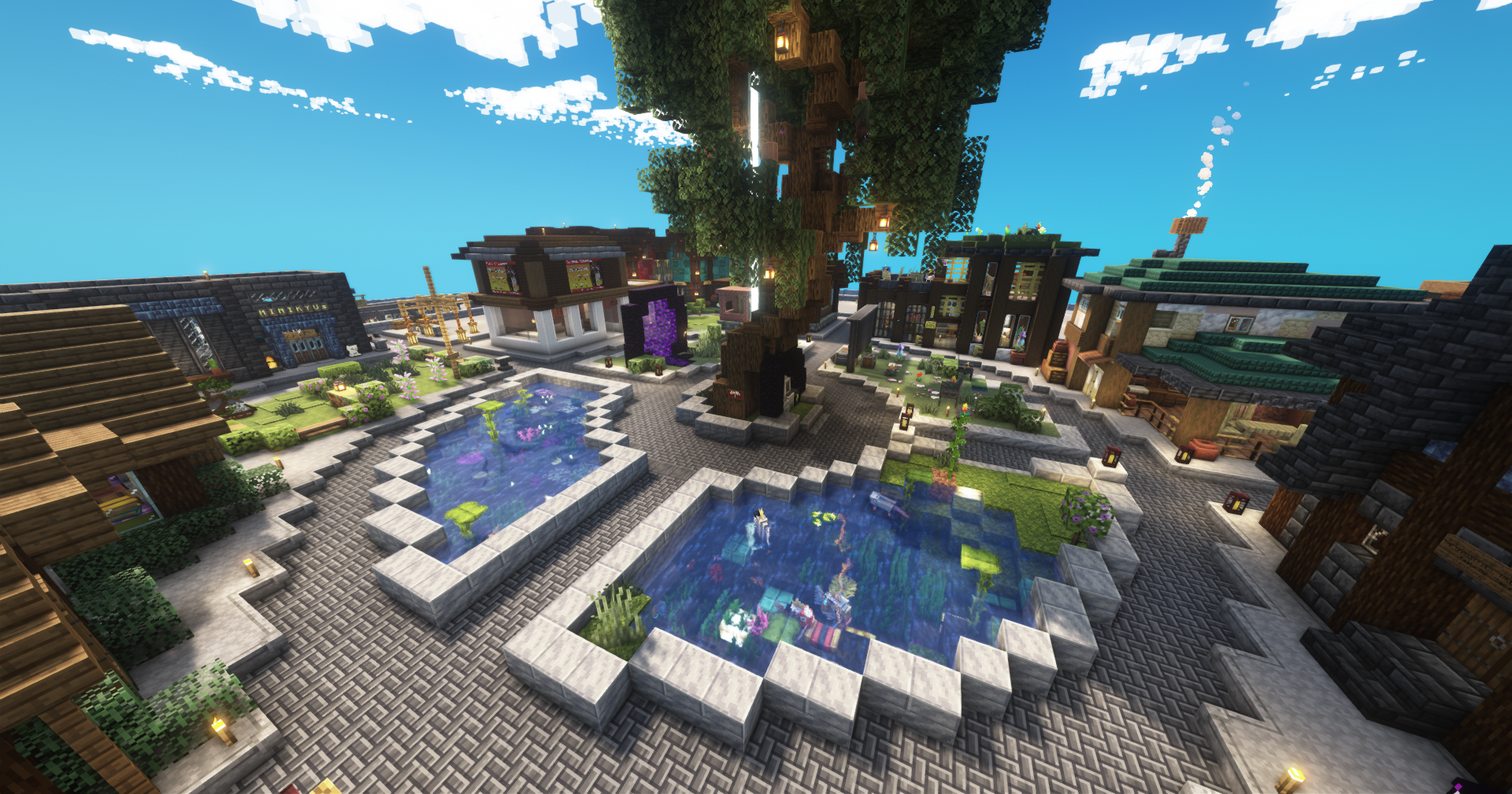 A circular town square with buildings all facing a large central tree